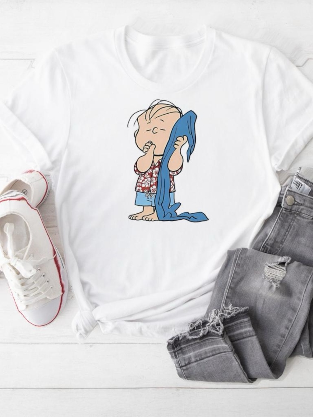 White Graphic Tee with Cute Charlie Brown Friends Cartoon Character